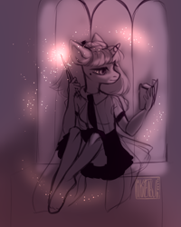 Size: 2000x2500 | Tagged: safe, artist:lilkittenbun, oc, oc only, oc:rising star, anthro, unguligrade anthro, unicorn, beauty mark, book, casting, clothes, female, magic, necktie, reading, school uniform, skirt, solo, sparkles, studying, wand, window, wizard