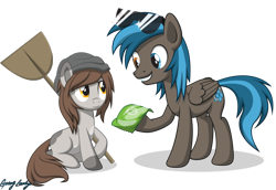 Size: 2950x2033 | Tagged: safe, artist:le-23, oc, oc only, oc:going lucky, earth pony, pegasus, pony, bag, female, heterochromia, male, mare, shovel, simple background, stallion, sunglasses, transparent background