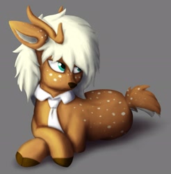 Size: 2201x2241 | Tagged: safe, artist:deerdraw, oc, oc:deeraw, deer, deer pony, original species, annoyed, antlers, deer oc, deer tail, necktie, on side, simple background, solo, unamused