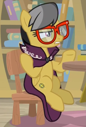 Size: 583x854 | Tagged: safe, screencap, a.k. yearling, daring do, pegasus, pony, daring doubt, book, bookshelf, chair, croppred, disguise, glasses, sitting, solo