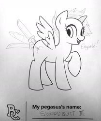 Size: 1440x1725 | Tagged: safe, artist:tjpones, oc, oc only, oc:sword butt iii, pegasus, pony, base used, monochrome, pegasus oc, photo, solo, sword, weapon