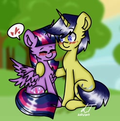 Size: 888x900 | Tagged: safe, artist:lilioxart, comet tail, twilight sparkle, twilight sparkle (alicorn), alicorn, pony, blushing, chest fluff, cometlight, female, heart, male, shipping, straight