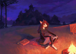 Size: 2300x1635 | Tagged: safe, artist:dearmary, oc, oc only, anthro, unguligrade anthro, anthro oc, bag, campfire, cart, female, fire, mare, night, scenery, sitting, solo, tree