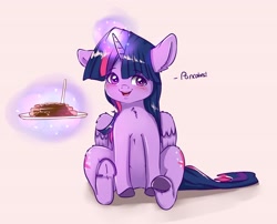 Size: 3985x3225 | Tagged: safe, artist:miokomata, twilight sparkle, twilight sparkle (alicorn), alicorn, pony, blushing, both cutie marks, chest fluff, cute, dialogue, ear fluff, female, floppy ears, food, glowing horn, horn, looking at you, magic, mare, open mouth, pancakes, pink background, plate, simple background, sitting, solo, telekinesis, twiabetes, underhoof