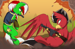 Size: 5100x3300 | Tagged: safe, artist:beardie, oc, oc only, oc:wandering sunrise, pony, fallout equestria, fallout equestria: dead tree, announcement, battlefield, convention, explosion, fallout, fiaura, flying, gun, handgun, pipbuck, pistol, seaquestriafest, shotgun, stable, stable-tec, weapon