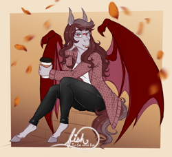 Size: 3299x3009 | Tagged: safe, artist:askbubblelee, oc, oc only, oc:scarlet quill, anthro, bat pony, unguligrade anthro, anthro oc, autumn, bat pony oc, clothes, coffee, coffee cup, commission, cup, fangs, glasses, leaf, leaves, pants, shirt, signature, sitting, slit eyes, smiling, solo, sweater