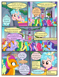 Size: 612x792 | Tagged: safe, artist:newbiespud, edit, edited screencap, screencap, cozy glow, changedling, changeling, classical hippogriff, dragon, earth pony, griffon, hippogriff, pegasus, pony, yak, comic:friendship is dragons, background pony, background pony audience, cheering, comic, dialogue, dragoness, female, filly, freckles, grin, looking up, male, mare, raised hoof, screencap comic, smiling, stallion, suspicious