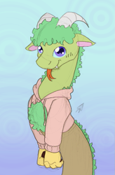 Size: 513x784 | Tagged: safe, artist:ravenpuff, oc, oc:floofy (ravenpuff), draconequus, ambiguous gender, clothes, open-chest sweater, solo, sweater, tongue out