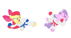 Size: 1024x550 | Tagged: artist needed, safe, apple bloom, diamond tiara, blue belt, clothes, fingerless gloves, gi, gloves, karate, karate gloves, karatebloom, kicking, martial arts, red belt, robe