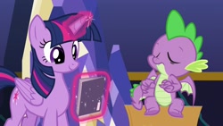 Size: 1920x1080 | Tagged: safe, screencap, spike, twilight sparkle, twilight sparkle (alicorn), alicorn, dragon, pony, the last problem, magic, quill, winged spike