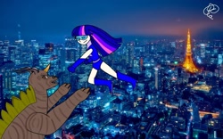 Size: 1024x640 | Tagged: safe, artist:starpaintspeed, twilight sparkle, human, kaiju, fight, humanized, magic gaia, superhero, tokyo