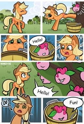 Size: 737x1084 | Tagged: safe, artist:nancy-05, derpibooru import, idw, applejack, pinkie pie, spoiler:comic, apple, apple pinkie, comic, dialogue, food, food transformation, inanimate tf, multeity, species swap, speech bubble, swirly eyes, transformation, what in tarnation