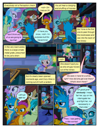 Size: 612x792 | Tagged: safe, artist:newbiespud, edit, edited screencap, screencap, cozy glow, gallus, ocellus, sandbar, silverstream, smolder, yona, changedling, changeling, classical hippogriff, dragon, earth pony, firefly (insect), griffon, hippogriff, pegasus, pony, yak, comic:friendship is dragons, what lies beneath, book, bookshelf, comic, dialogue, dragoness, eyes closed, female, filly, flying, food, frown, hiding, hoof hold, lantern, looking down, male, pretzel, saddle bag, screencap comic, smiling, student six, surprised, suspicious, wide eyes