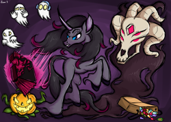 Size: 4200x3000 | Tagged: safe, alternate version, artist:ziemniax, fhtng th§ ¿nsp§kbl, oleander, classical unicorn, ghost, undead, unicorn, them's fightin' herds, candy, cloven hooves, community related, food, halloween, holiday, leonine tail, pumpkin, unshorn fetlocks