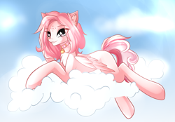 Size: 1456x1012 | Tagged: safe, artist:imbrina, oc, oc only, oc:morning radiance, pegasus, bell, bell collar, cloud, collar, looking at you, lying down, sky, smiling, solo