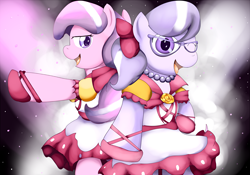 Size: 1600x1120 | Tagged: safe, artist:yellow-kantera, diamond tiara, silver spoon, pony, flight to the finish, bipedal, clothes, dress