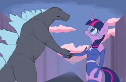 Size: 1280x835 | Tagged: safe, artist:wulfruna, twilight sparkle, anthro, kaiju, godzilla, godzilla (series), handshake, magic gaia