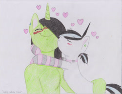 Size: 3303x2550 | Tagged: safe, artist:subimaru_kai, oc, oc:snowy, oc:virgil green, blushing, clothes, collar, colt, foal, heart, kissing, male, socks, stallion, striped socks, traditional art