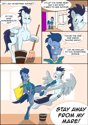 Size: 2480x3508 | Tagged: safe, artist:greeneyedmistress, soarin', wave chill, pegasus, pony, comic:prelude to creation, clothes, comic, male, stallion