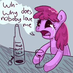 Size: 602x603 | Tagged: safe, artist:tilling-tan, berry punch, berryshine, earth pony, pony, /mlp/, 4chan, alcohol, corkscrew, crying, drawthread, drunk, red wine, solo, speech bubble, text, vulgar, wine