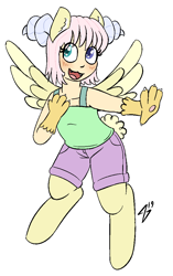 Size: 647x1033 | Tagged: safe, artist:heretichesh, oc, oc only, oc:connie, draconequus, pegasus, pony, satyr, clothes, draconequus oc, horns, offspring, parent:oc:kaos, parent:oc:timber, paws, shorts, wings