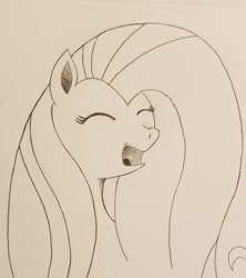 Size: 1820x2048 | Tagged: safe, artist:polar_storm, fluttershy, pegasus, pony, bust, eyes closed, female, happy, mare, monochrome, open mouth, simple background, sketch, solo, traditional art, white background