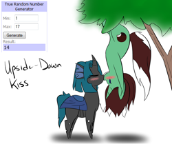 Size: 500x438 | Tagged: safe, artist:kaggy009, oc, oc only, oc:peppermint pattie (unicorn), oc:synch, changeling, pony, unicorn, ask peppermint pattie, blushing, chibi, female, kissing, mare, tree, upside down, upside down kiss