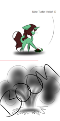 Size: 1000x2002 | Tagged: safe, artist:kaggy009, oc, oc:peppermint pattie (unicorn), pony, turtle, unicorn, asdfmovie, ask peppermint pattie, chibi, explosion, female, mare, mine turtle, solo