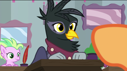 Size: 1920x1080 | Tagged: safe, screencap, georgia (character), scootaloo, griffon, hippogriff, the last problem, background griffon, background hippogriff, clothes, desk, female, fledgeling, quill, quill pen, scarf, school of friendship