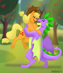 Size: 2051x2386 | Tagged: safe, artist:bellbell123, applejack, spike, dragon, earth pony, pony, apple, apple orchard, apple tree, applespike, carrying, cute, eyes closed, female, high res, male, older, older spike, open mouth, orchard, shipping, straight, teary eyes, tree, winged spike