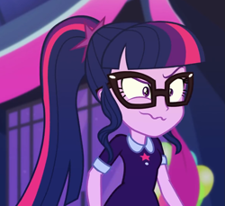 Size: 1149x1051 | Tagged: safe, screencap, sci-twi, twilight sparkle, better together, equestria girls, twilight under the stars, cropped, faic, female, glasses, ponytail, sci-twi is best facemaker, shrunken pupils, solo, wavy mouth