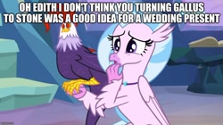 Size: 888x499 | Tagged: safe, edit, edited screencap, screencap, silverstream, classical hippogriff, cockatrice, hippogriff, student counsel, caption, cartoonito logo, edith (cockatrice), female, image macro, implied gallstream, implied gallus, jewelry, marriage, necklace, red eyes, text, treehouse of harmony, wedding