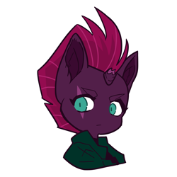 Size: 1280x1280 | Tagged: safe, artist:wickercrow, tempest shadow, pony, ambiguous facial structure, broken horn, bust, clothes, ear fluff, eye scar, eyebrows, female, horn, jacket, no nose, portrait, scar, simple background, solo, white background