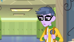 Size: 1539x866 | Tagged: safe, screencap, microchips, equestria girls, equestria girls (movie), backpack, clothes, glasses, hallway, lockers, male