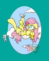 Size: 2550x3200 | Tagged: safe, alternate version, artist:lucas_gaxiola, angel bunny, fluttershy, bird, butterfly, pegasus, pony, rabbit, animal, cloud, colored, female, looking up, mare, on a cloud, on back, raised leg, text