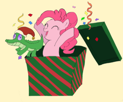 Size: 800x665 | Tagged: safe, artist:yuniuni11, gummy, pinkie pie, alligator, earth pony, pony, christmas, eyes closed, female, gift box, hat, holiday, male, mare, open mouth, santa hat, simple background, smiling, streamers, yellow background