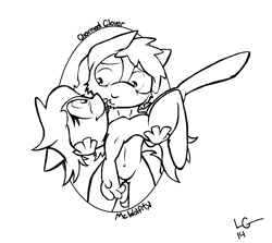 Size: 1584x1412 | Tagged: safe, artist:lucas_gaxiola, oc, oc:charmed clover, anthro, unguligrade anthro, armpits, bridal carry, carrying, female, lineart, looking at each other, male, monochrome, oc x oc, shipping, signature, smiling, text