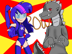 Size: 640x480 | Tagged: safe, artist:alaiamax, twilight sparkle, human, kaiju, fist pump, godzilla, godzilla (series), humanized, magic gaia, superhero