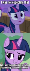 Size: 580x1344 | Tagged: safe, edit, edited screencap, screencap, twilight sparkle, twilight sparkle (alicorn), alicorn, pony, once upon a zeppelin, the ending of the end, caption, cropped, doctor eggman, female, folded wings, grin, image macro, jim carrey, lidded eyes, mare, meme, raised eyebrow, raised hoof, smiling, smug, solo, sonic movie 2020, sonic the hedgehog (series), surprised, text, tree, wings