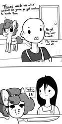 Size: 2250x4500 | Tagged: safe, artist:tjpones, edit, oc, oc only, oc:brownie bun, oc:richard, earth pony, human, pony, horse wife, bag, bald, comic, dialogue, female, friday the 13th, hockey mask, jewelry, machete, male, mask, monochrome, necklace, pearl necklace, saddle bag, simple background, white background