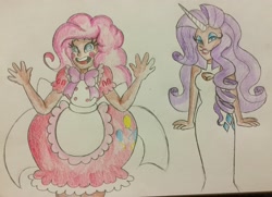 Size: 3192x2317 | Tagged: safe, artist:mscreepyplaguedoctor, pinkie pie, rarity, human, alternate hairstyle, apron, bedroom eyes, blushing, boob window, bowtie, clothes, dark skin, dress, duo, eyeshadow, female, heart eyes, horn, horned humanization, humanized, lip bite, lipstick, makeup, open mouth, traditional art, wingding eyes