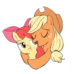 Size: 800x792 | Tagged: safe, artist:yuniuni11, apple bloom, applejack, earth pony, pony, :t, apple bloom's bow, applejack's hat, bow, bust, cowboy hat, eyes closed, female, filly, freckles, hair bow, hat, hug, lidded eyes, mare, open mouth, siblings, simple background, sisters, smiling, stetson, white background