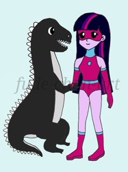 Size: 1280x1707 | Tagged: safe, artist:fude-chan-art, twilight sparkle, human, kaiju, equestria girls, godzilla, godzilla (series), handshake, magic gaia, plasma girl, superhero