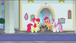 Size: 1920x1080 | Tagged: safe, screencap, apple bloom, scootaloo, sweetie belle, earth pony, griffon, pegasus, pony, unicorn, the last problem, background griffon, chickub, garrick, goldie delicious' scarf, older, older apple bloom, older cmc, older scootaloo, older sweetie belle, school of friendship