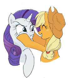 Size: 788x800 | Tagged: safe, artist:yuniuni11, applejack, rarity, earth pony, pony, unicorn, :t, applejack's hat, cowboy hat, eyes closed, female, freckles, grin, hat, mare, peeved, simple background, smiling, squishy cheeks, stetson, white background