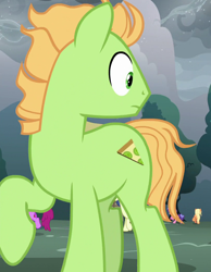 Size: 812x1049 | Tagged: safe, screencap, amber grain, berry blend, berry bliss, berry punch, berryshine, earth pony, pony, the ending of the end, background pony, cropped, female, friendship student, looking back, male, mare, peppe ronnie, raised hoof, running, solo focus, stallion