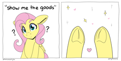 Size: 5920x3000 | Tagged: safe, artist:partylikeanartist, fluttershy, pegasus, pony, comic, confluttershy, confused, frog (hoof), heart eyes, hooves, innocent, meme, painfully innocent fluttershy, question mark, show me the goods, solo, text, underhoof, wingding eyes