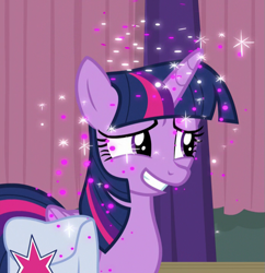 Size: 695x718 | Tagged: safe, screencap, twilight sparkle, twilight sparkle (alicorn), alicorn, a trivial pursuit, bag, cropped, saddle bag, solo, sparkles