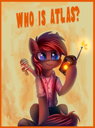 Size: 961x1286 | Tagged: safe, artist:atlas-66, oc, oc only, oc:atlas, pony, bioshock, radio, sitting, solo, wrench