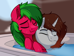 Size: 4000x3000 | Tagged: safe, artist:witchtaunter, oc, oc:melon specter, oc:shruggy, pegasus, pony, unicorn, bath, bathing, bathtub, commission, couple, gay, male, snuggling